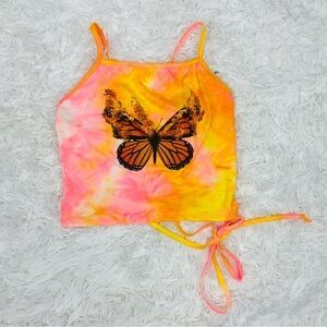 NWOT MARCI yellow & pink butterfly on fire lace up back cropped top size XL